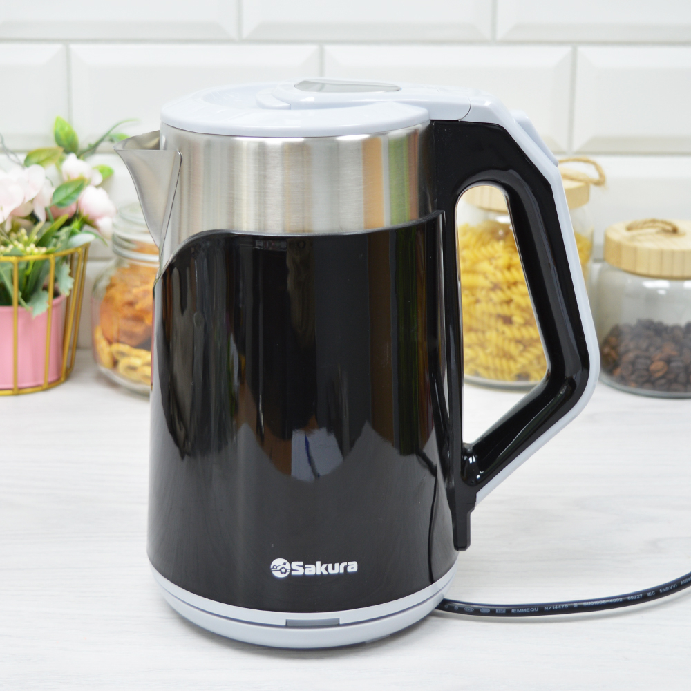 Чайник электрический 1,8л Sakura SA-2172BK, цвет нерж.сталь/черный