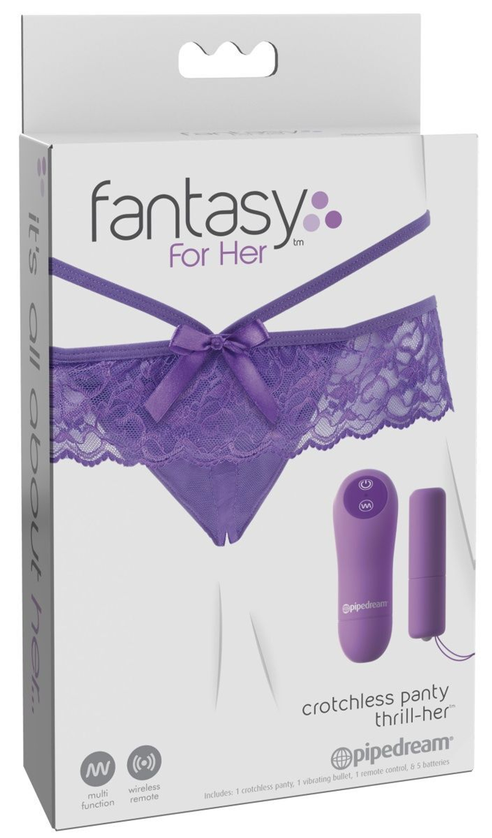 Фиолетовые трусики с вибропулей и пультом Crotchless Panty Thrill-Her