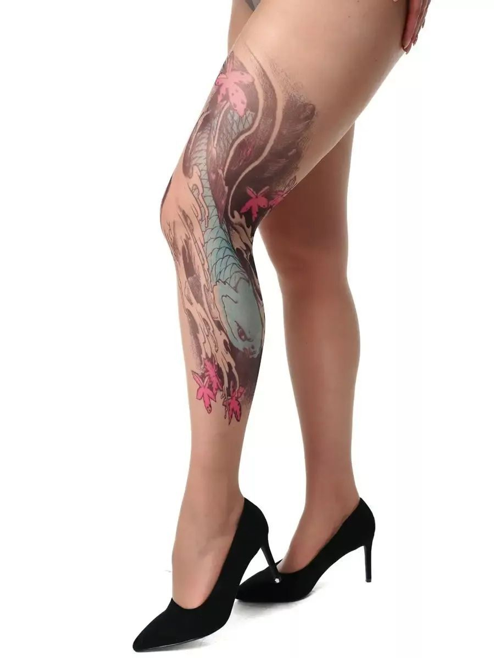 Женские колготки +size с имитацией цветного тату на левой ножке (Размер: XL-XXL-XXXL) (Цвет: бежевый)