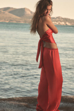 ZARA АТЛАСНЫЕ БРЮКИ НА ШНУРКЕ, КОРАЛЛОВО-КРАСНЫЙ