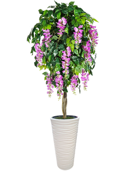 Искусственное дерево Акация лиловая 190 см в высоком круглом белом кашпо