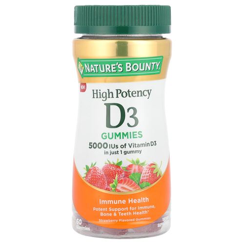 Nature's Bounty, Жевательные мармеладки с витамином D3, высокоэффективные, со вкусом клубники, 5000 МЕ, 60 жевательных таблеток