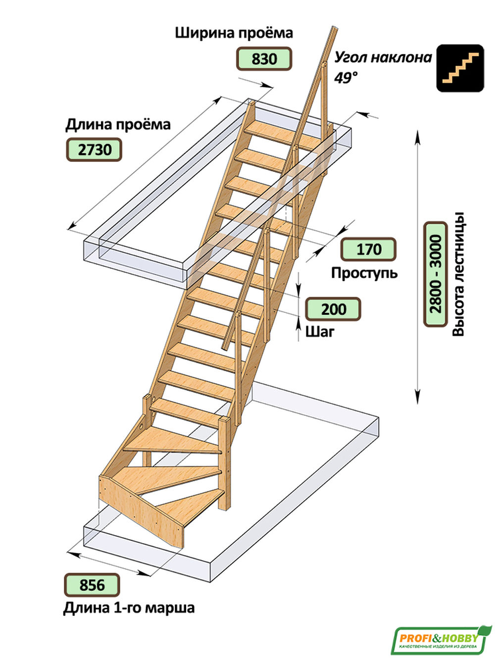 Лестница на второй этаж ЛС-14м Правая (с поручнем) под покраску