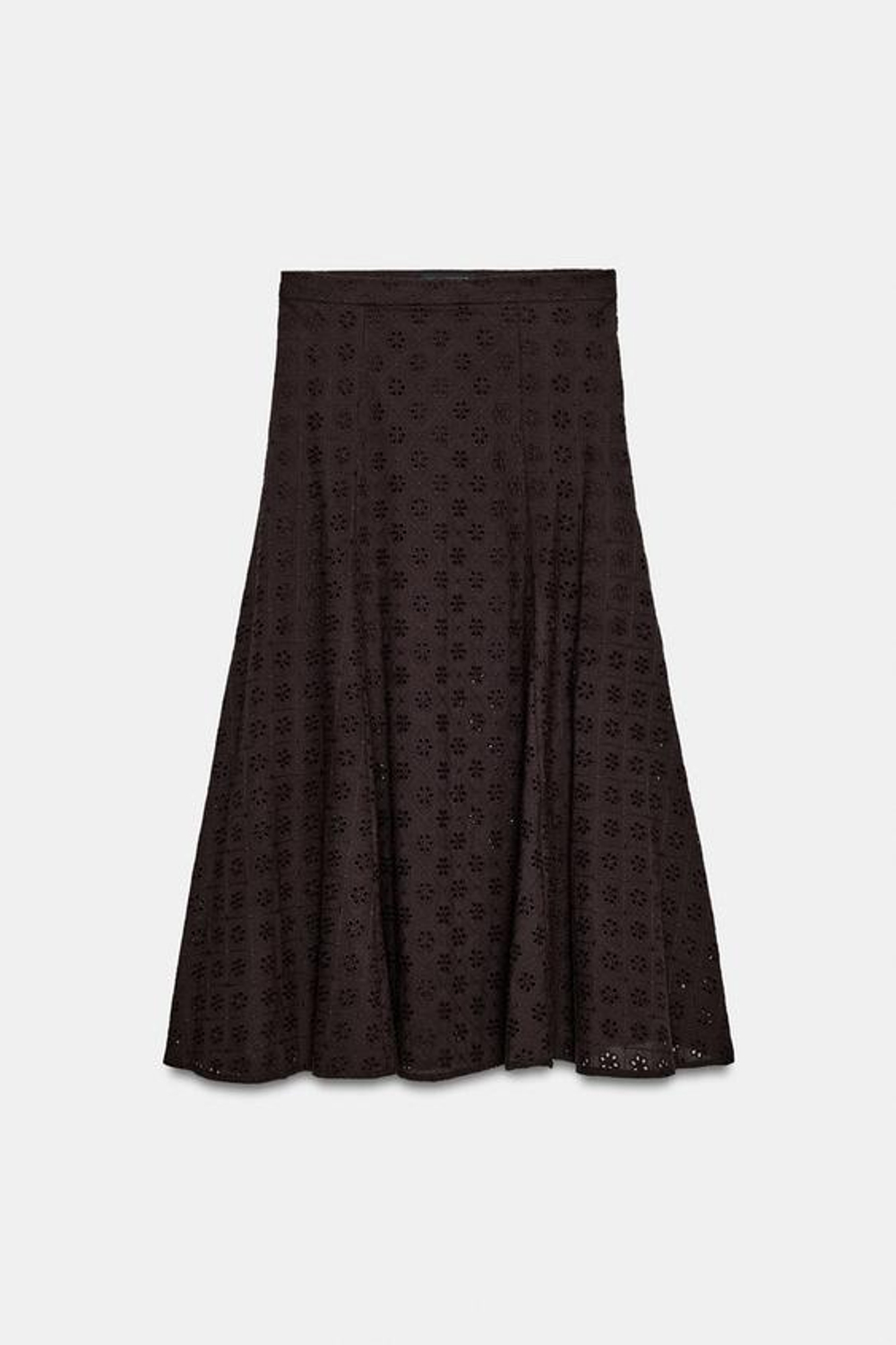 ZARA ЮБКА МИДИ С АЖУРНОЙ ВЫШИВКОЙ, КОРИЧНЕВЫЙ