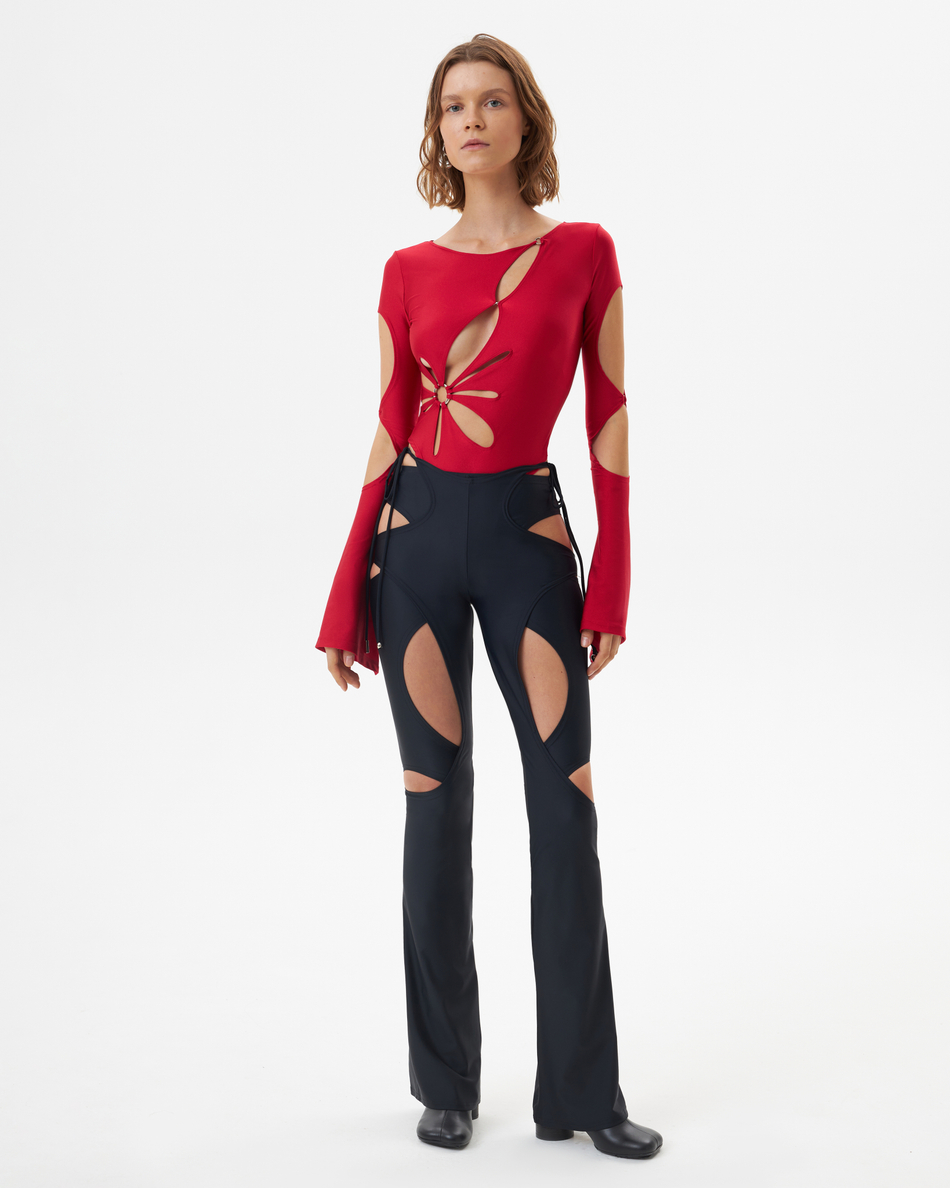 RED FLOWER CUTOUT BODYSUIT