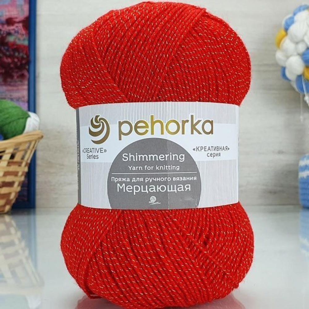 Мерцающая пряжа Пехорка 96%акрил 4%метанит 5х100г/430м 88 красный мак