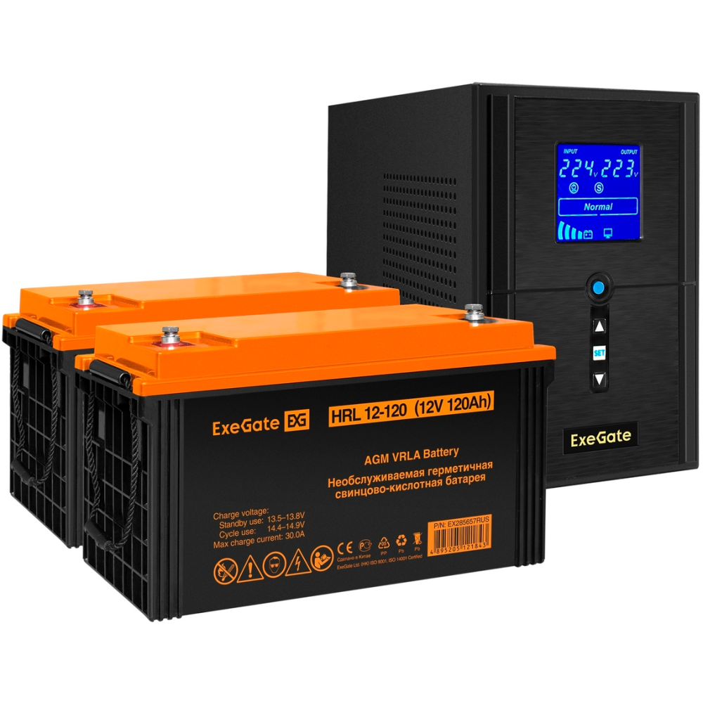 ИБП + батарея ExeGate SineTower SZ-1000.LCD.AVR.2SH.1C13.USB + 2x HRL 12-120 (120Ач)