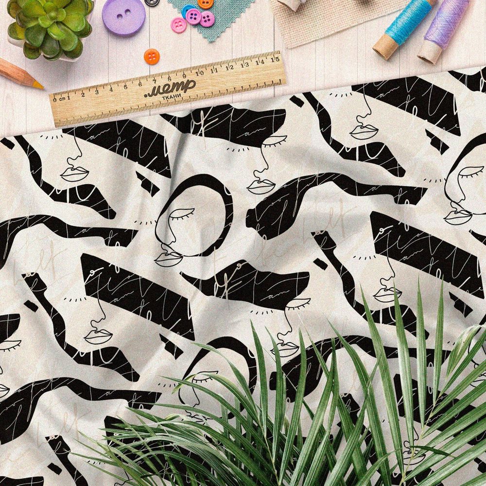 Ткань шифон чёрно-белая минимализм лица