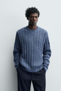 ZARA СВИТЕР С УЗОРОМ «КОСЫ», СИНИЙ