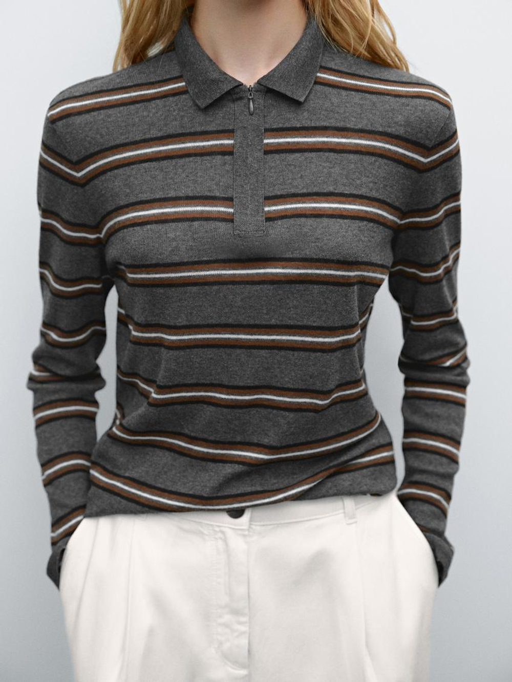 Massimo Dutti Свитер в полоску с воротником поло, серый меланж