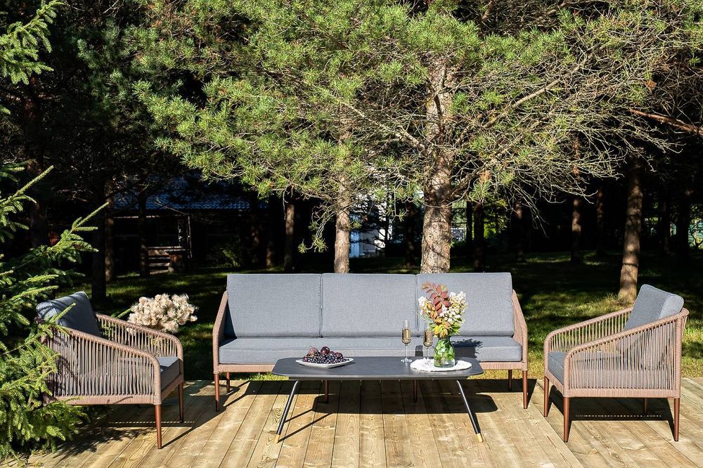 "Канны" лаунж-зона 5-местная из роупа со столом "Верона" (серый гранит), каркас алюминиевый коричневый, роуп коричневый