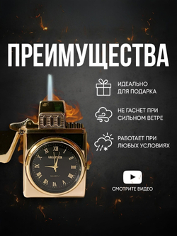 газовая турбо-зажигалка с часами подарочная, золотая