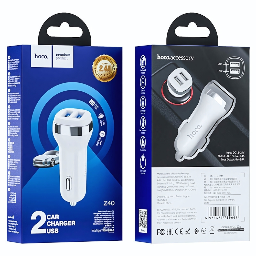 Автомобильное зарядное устройство HOCO Z40 2.4A 2xUSB White