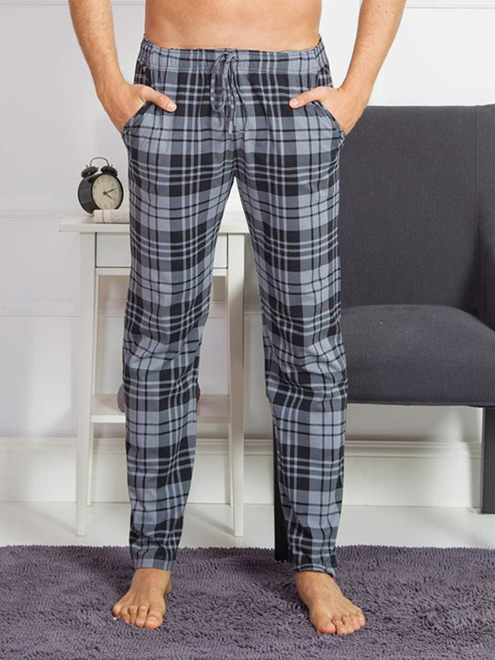 Оригинальные клетчатые брюки с карманами (Размер: M) (Цвет: темно-серый)