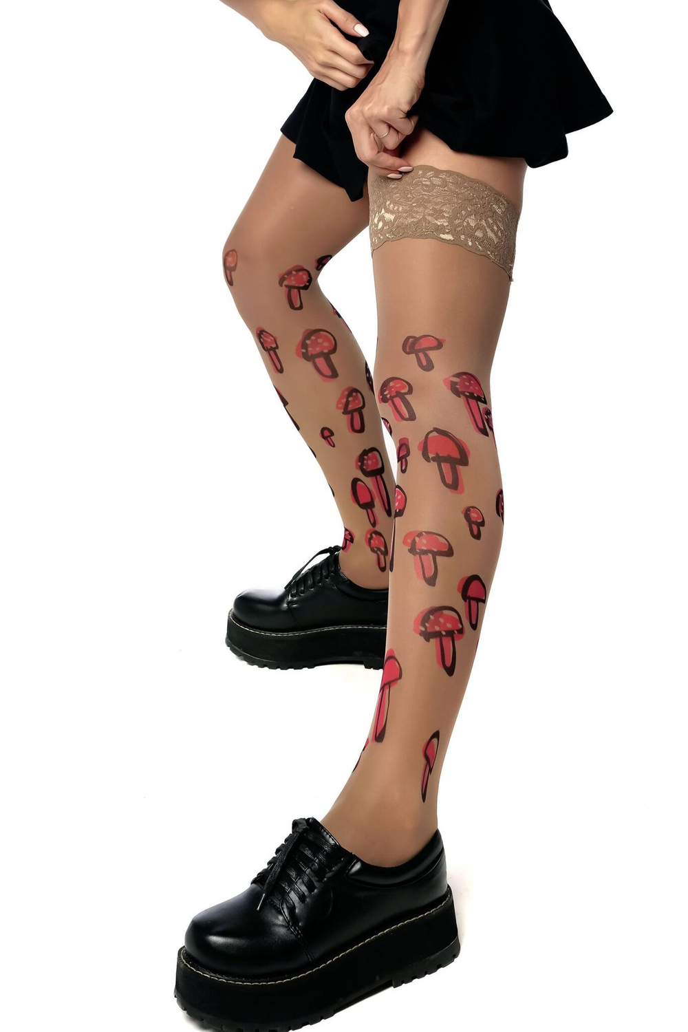 Чулки с принтом в виде грибов (Размер: S-M-L) (Цвет: бежевый)