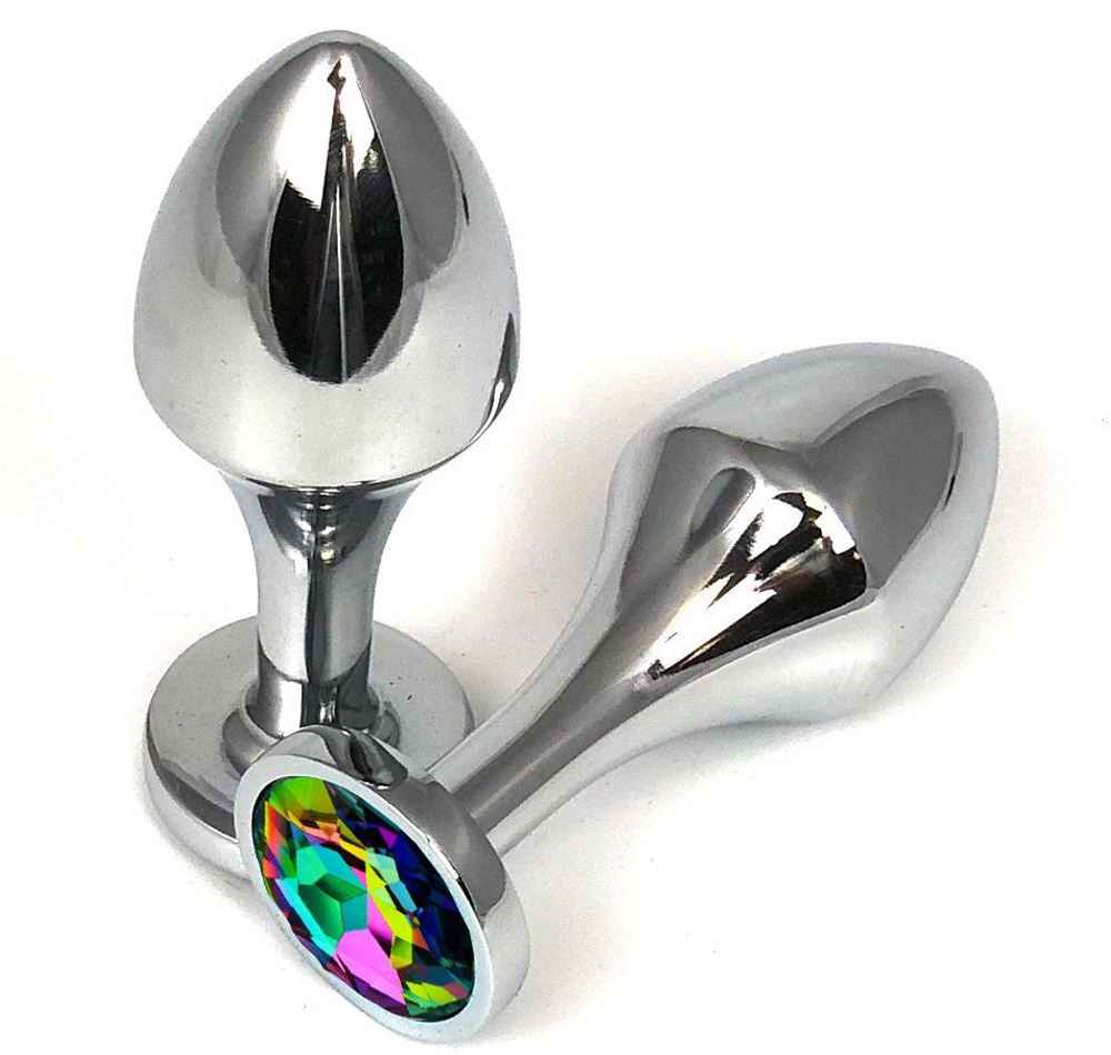Серебристая анальная пробка на удлиненной ножке с радужным кристаллом - 9,5 см. (Цвет: разноцветный)