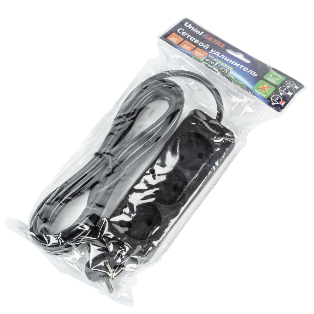 S-CU3-3 BLACK Удлинитель серии Ultra. шнур 3м.. 3 гнезда. 10A. б-з. Черный. TM Uniel