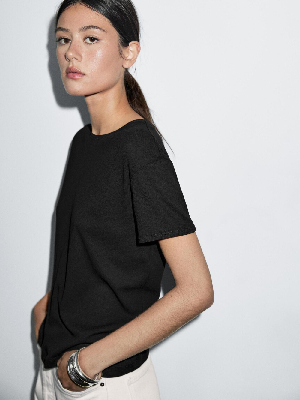 Massimo Dutti Футболка с коротким рукавом из 100% хлопка, черный