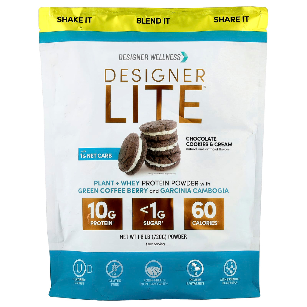 Designer Wellness, Designer Lite®, растительный и сывороточный протеиновый порошок, шоколадное печенье и крем, 720 г (1,6 фунта)