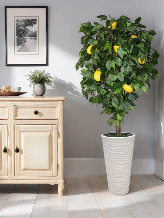 Искусственное дерево Лимон 170 см в высоком круглом белом кашпо