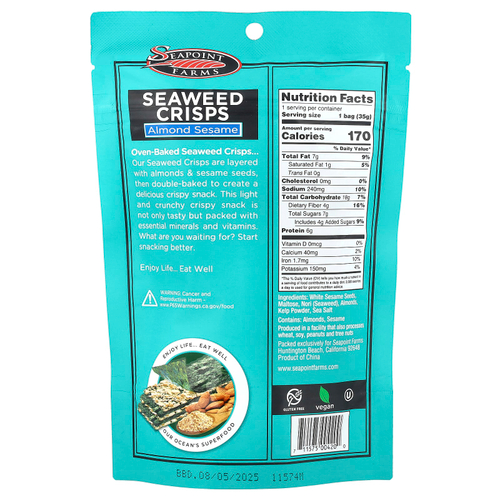 Seapoint Farms, чипсы из морских водорослей, миндаль и кунжут, 35 г (1,2 унции)