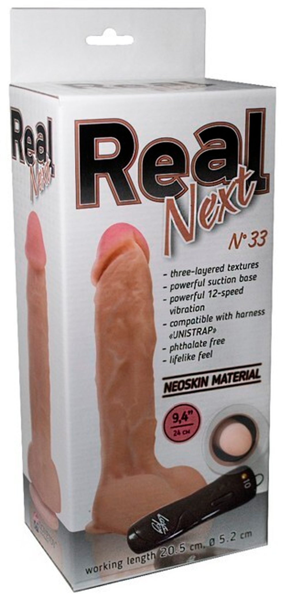 Реалистичный большой фаллос Real Next 9,4''№ 33 (вторая кожа, 12 режимов) (Цвет: телесный)