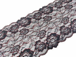 Эластичное кружево, ОПТ, 21 см, черное с красной кордовой нитью, (Арт: EK-2527), м