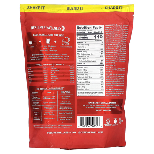 Designer Wellness, Designer Whey, натуральный 100% сывороточный протеин, со вкусом летней клубники, 908 г