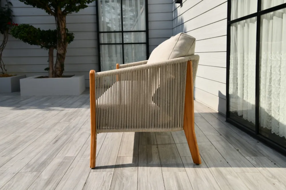 "Сидней" диван 3-местный плетеный из роупа, основание тик, каркас алюминий бежевый, роуп бежевый, ткань бежевая