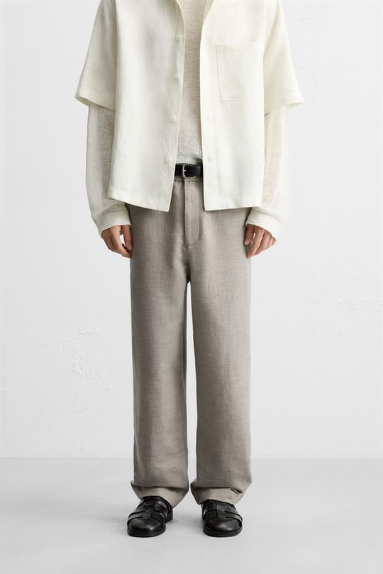 ZARA БРЮКИ REGULAR FIT ИЗ ТКАНИ С ТЕКСТУРОЙ, СЕРО-КОРИЧНЕВЫЙ