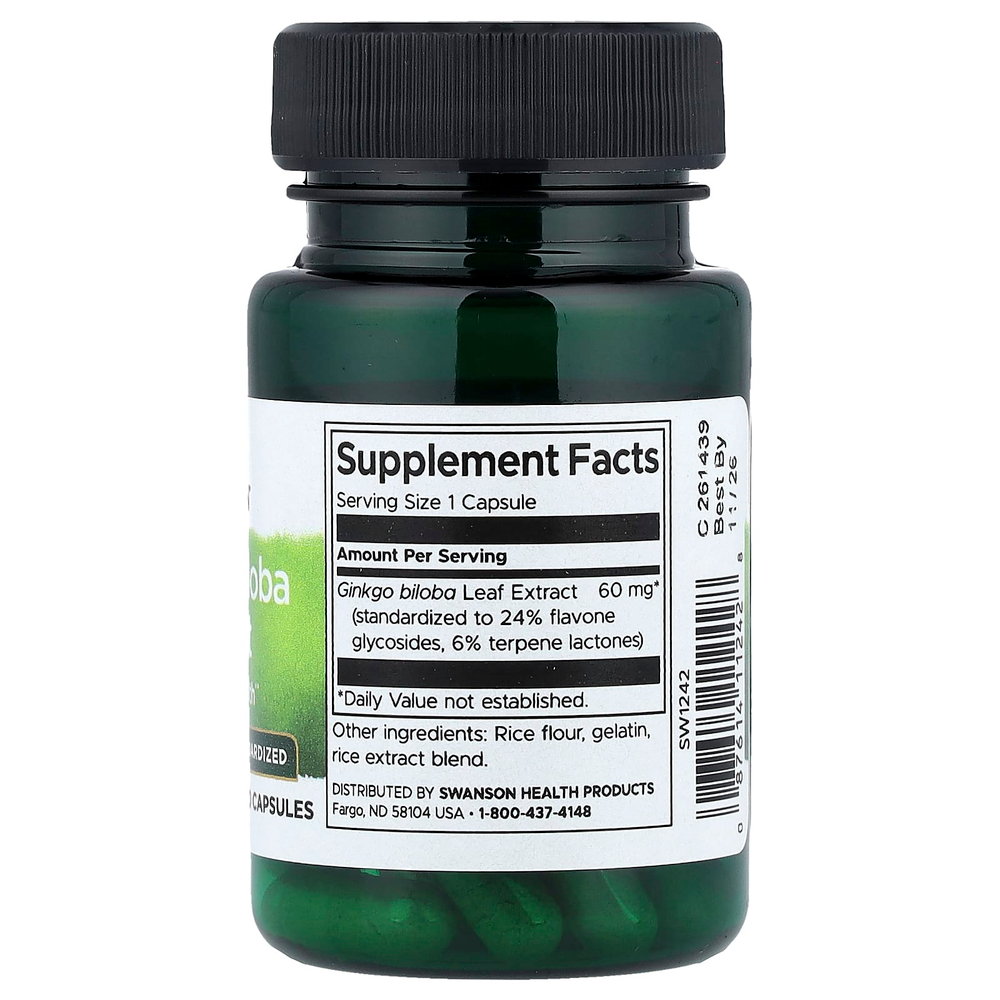 Swanson, экстракт гинкго билоба, стандартизованный, 60 мг, 30 капсул