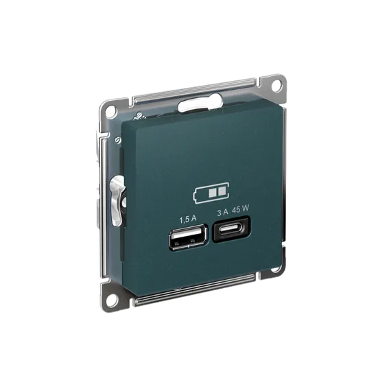 Розетка USB AtlasDesign тип A+C 45Вт QC PD высокоскор. ЗУ механизм изумруд SE ATN000829