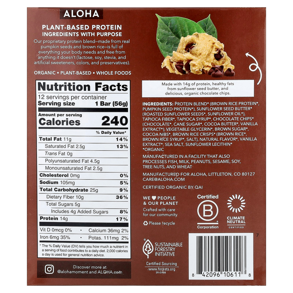 Aloha, Organic Protein Bars, Chocolate Chip Cookie Dough, 12 Bars, 1.98 oz (56 g) Each