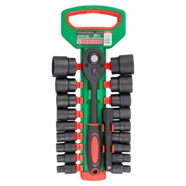 Набор головок с трещоткой и удлинителем 20пр.1/2''(6гр)(8-19,21,22,24,27,30,32мм),в пласт. держателе RockForce RF-019-5K
