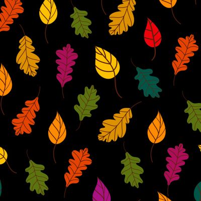 Осенние листья на черном фоне. Зеленые,желтые, фиолетовые, оранжевые листочки в стиле дудл