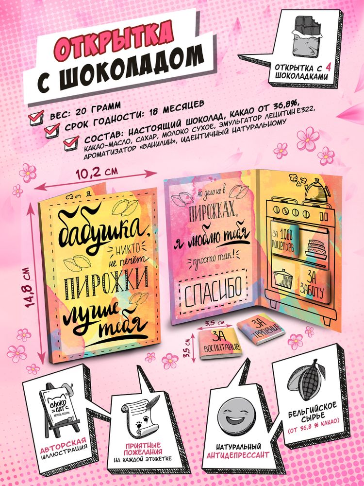 Открытка, БАБУШКА, молочный шоколад, 20 гр., TM Chokocat