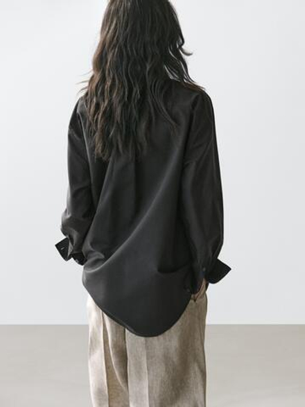 Massimo Dutti Рубашка с большим отложным воротником и вышивкой, черный