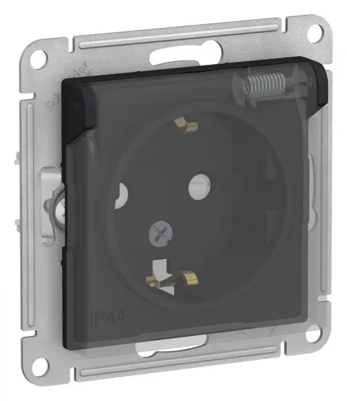 Розетка 1-м СП AtlasDesign Aqua 16А IP44 с заземл. защ. шторки с прозр. крышкой механизм карбон SE ATN441046