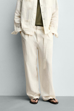 ZARA БРЮКИ СВОБОДНОГО КРОЯ ИЗ 100% ЛЬНА С РЕМНЕМ, ЖЕЛТОВАТО-БЕЛЫЙ
