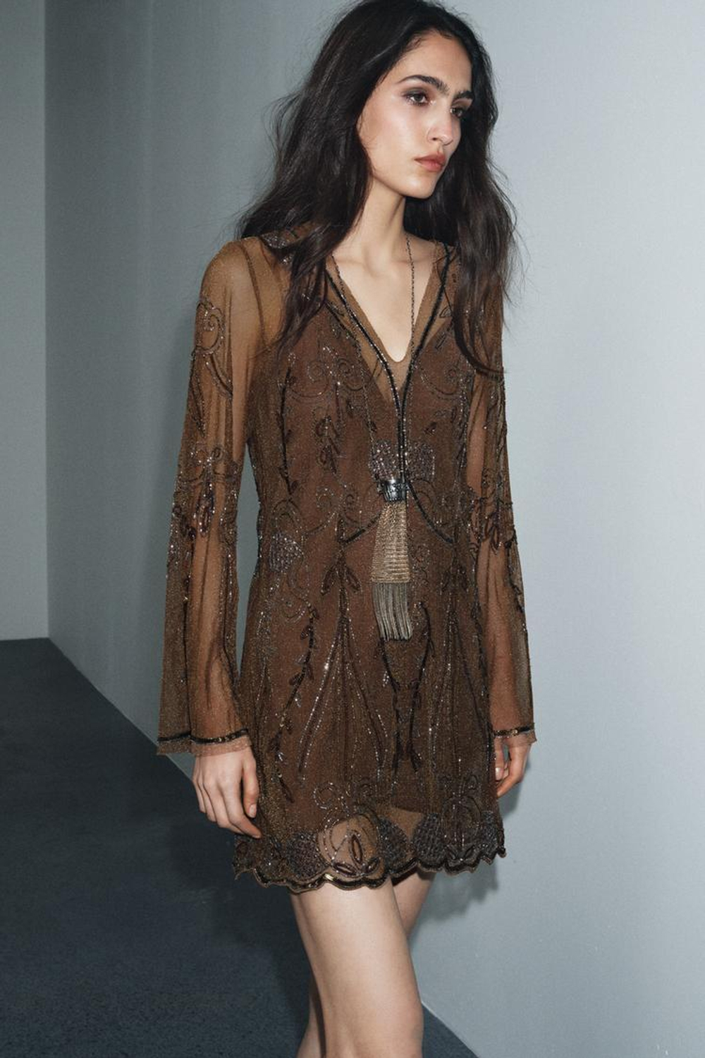 ZARA ВЫШИТОЕ ПЛАТЬЕ ZW COLLECTION LIMITED EDITION, КОРИЧНЕВЫЙ