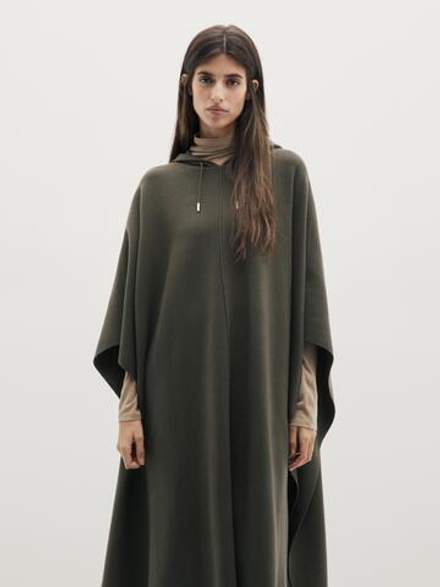 Massimo Dutti Длинная вязаная накидка с регулируемым капюшоном, серовато-зеленый