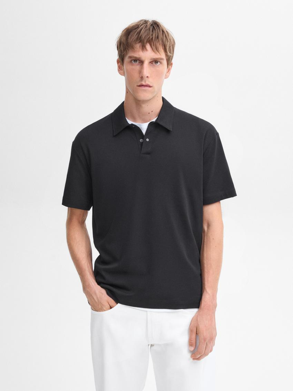 Massimo Dutti Хлопковая футболка-поло с короткими рукавами, черный