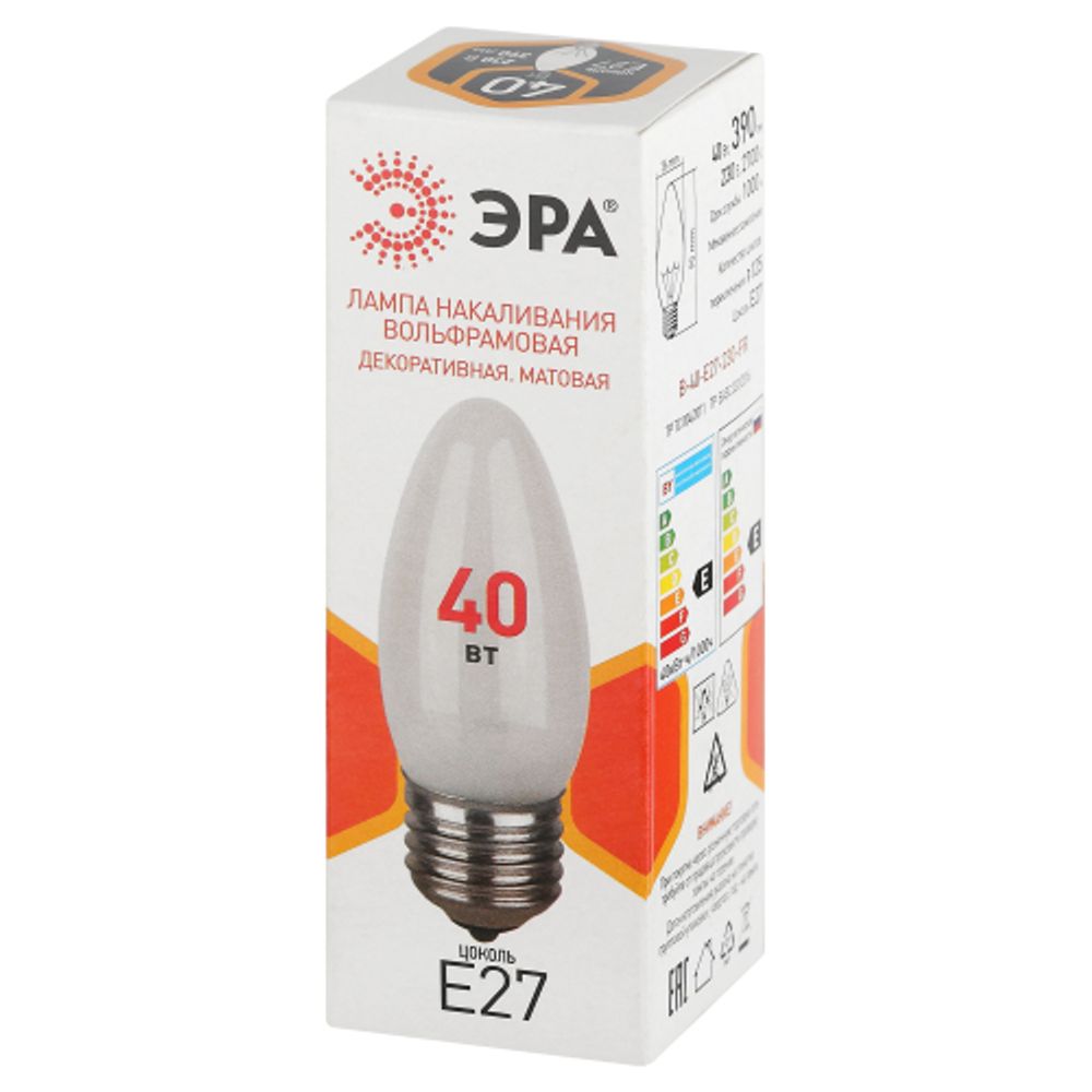 Лампа накаливания ЭРА B-40-E27-230-FR 40Вт 230В свеча матовая цветная коробка Е27