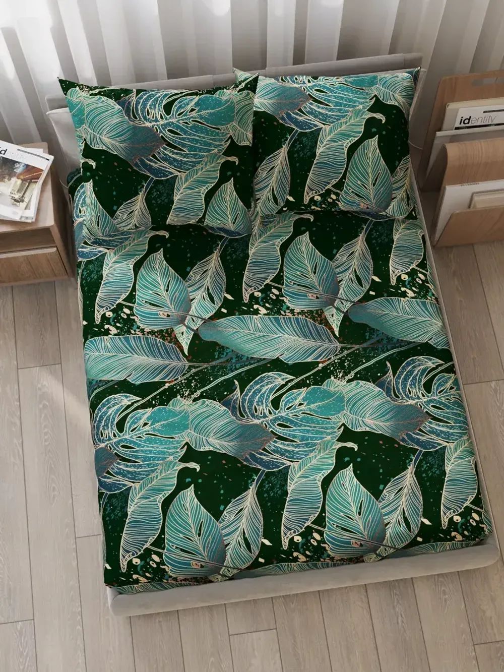 Постельное белье Полисатин Мечта "Monstera Gold" семейное Наволочка 50х70 см 2 шт Простынь на резинке 160x200 см Пододеяльник 145x215 см 2шт