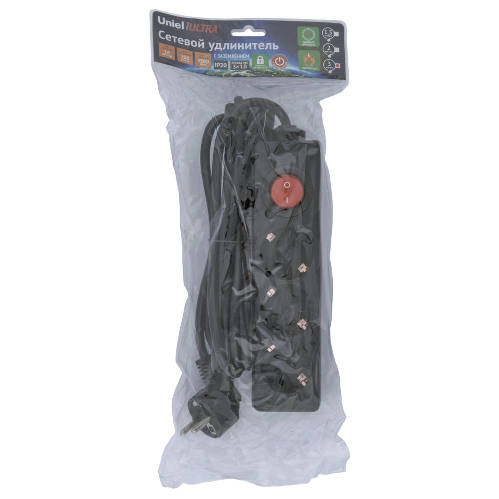 S-GCU3-3B BLACK Удлинитель серии Ultra. шнур 3м.. 3 гнезда. 16A. с-з. Черный. TM Uniel