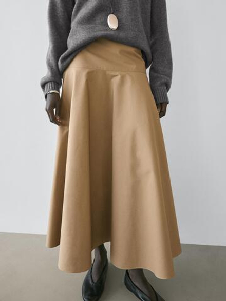 Massimo Dutti Юбка миди с воланами на кокетке, цвет верблюжьей шерсти