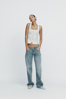 ZARA ТОП ИЗ МЯГКОЙ ТКАНИ С ЗАСТЕЖКОЙ-МОЛНИЕЙ, ЭКРЮ