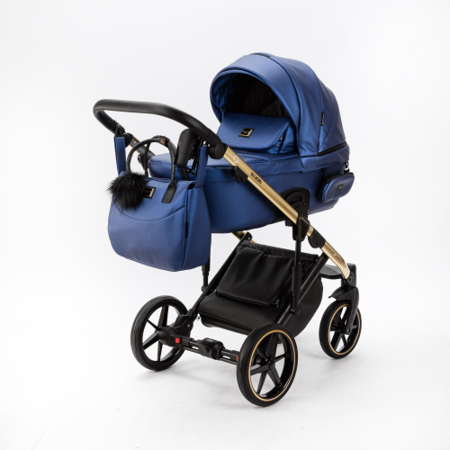 Детская универсальная коляска Adamex LUMI SE Deluxe L-SM503 (2в1) Синяя перламутровая экокожа, золотая рама