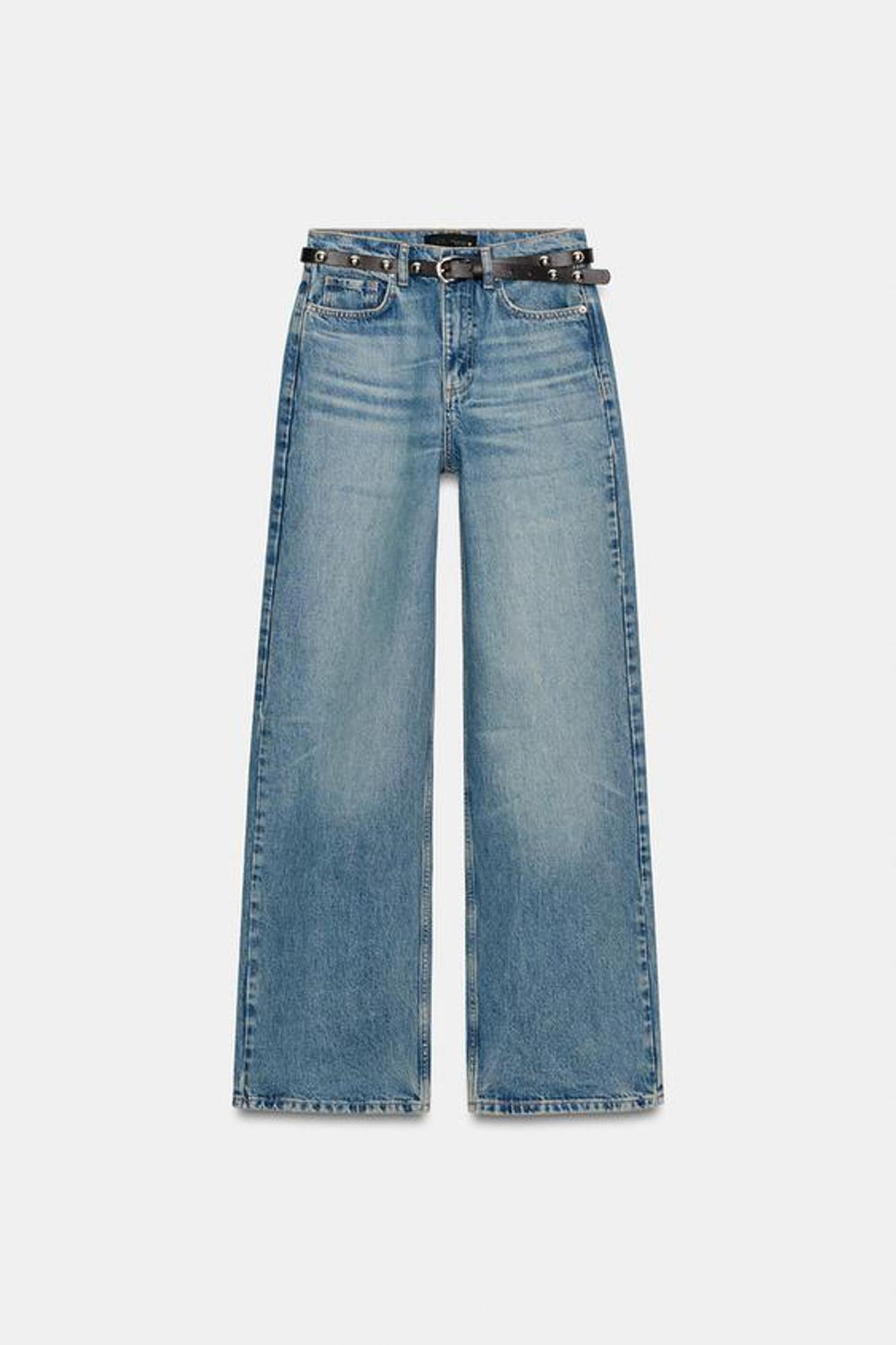 ZARA ДЖИНСЫ Z1975 С ВЫСОКОЙ ПОСАДКОЙ, ЗАУЖЕННЫЕ КНИЗУ, С РЕМНЕМ, ГОЛУБОЙ