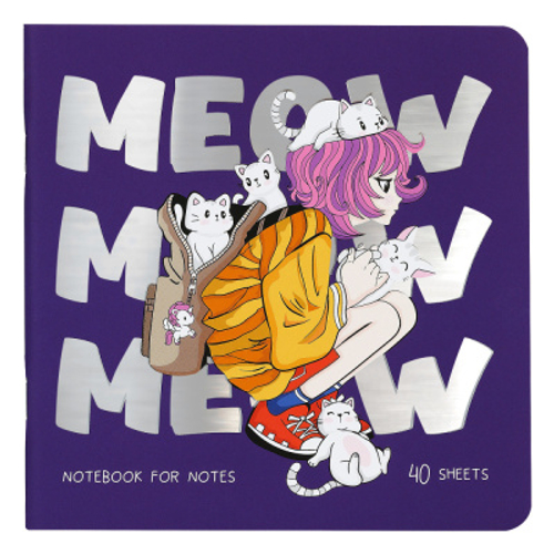Записная книжка 170*170мм 40л. на скрепке MESHU "Meow", soft-touch ламинация, тиснение фольгой, блок без линовки, 80г/м2